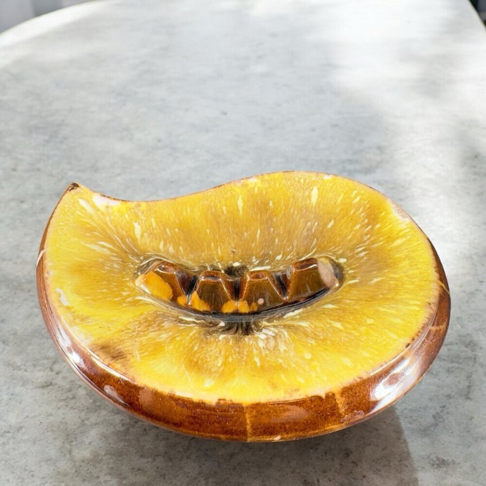 Vintage Mid Century Ceramic RedWare Pottery Ashtray Dish Brown Yellow Drip Glaze